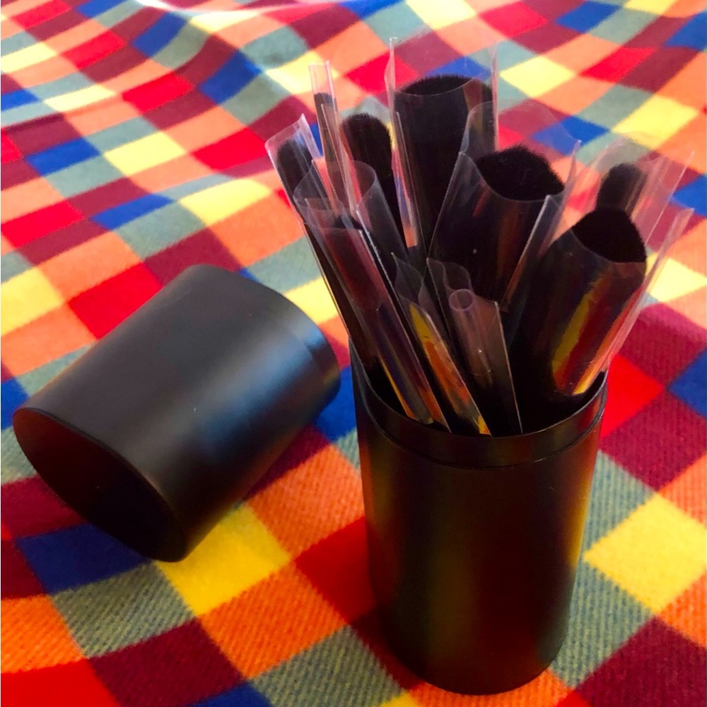 11 pc cosmetic face brushes with black makeup brush holder | countertop | travel